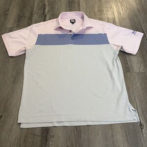 FootJoy Polo Shirt Mens Sz Large White Pink Blue Color Block Golf Oak Tree